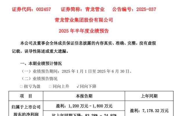 青龍管業(yè)：預(yù)計(jì)上半年盈利1200萬元至1800萬元，大項(xiàng)目訂單將進(jìn)入發(fā)貨周期